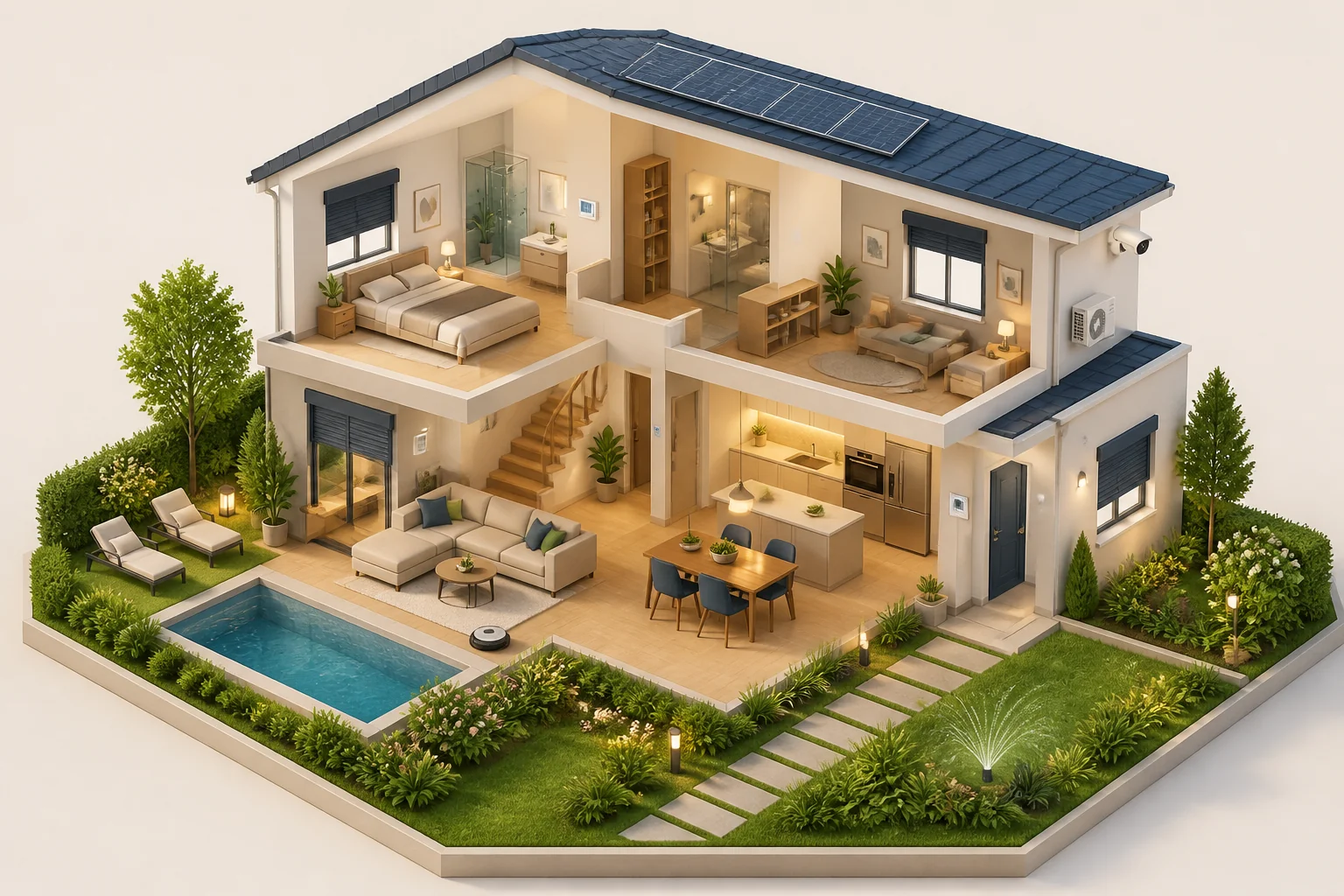 Illustriertes Zuhause mit Licht, Rollläden, Klimaanlage, Kamera, Saugroboter und Garten
